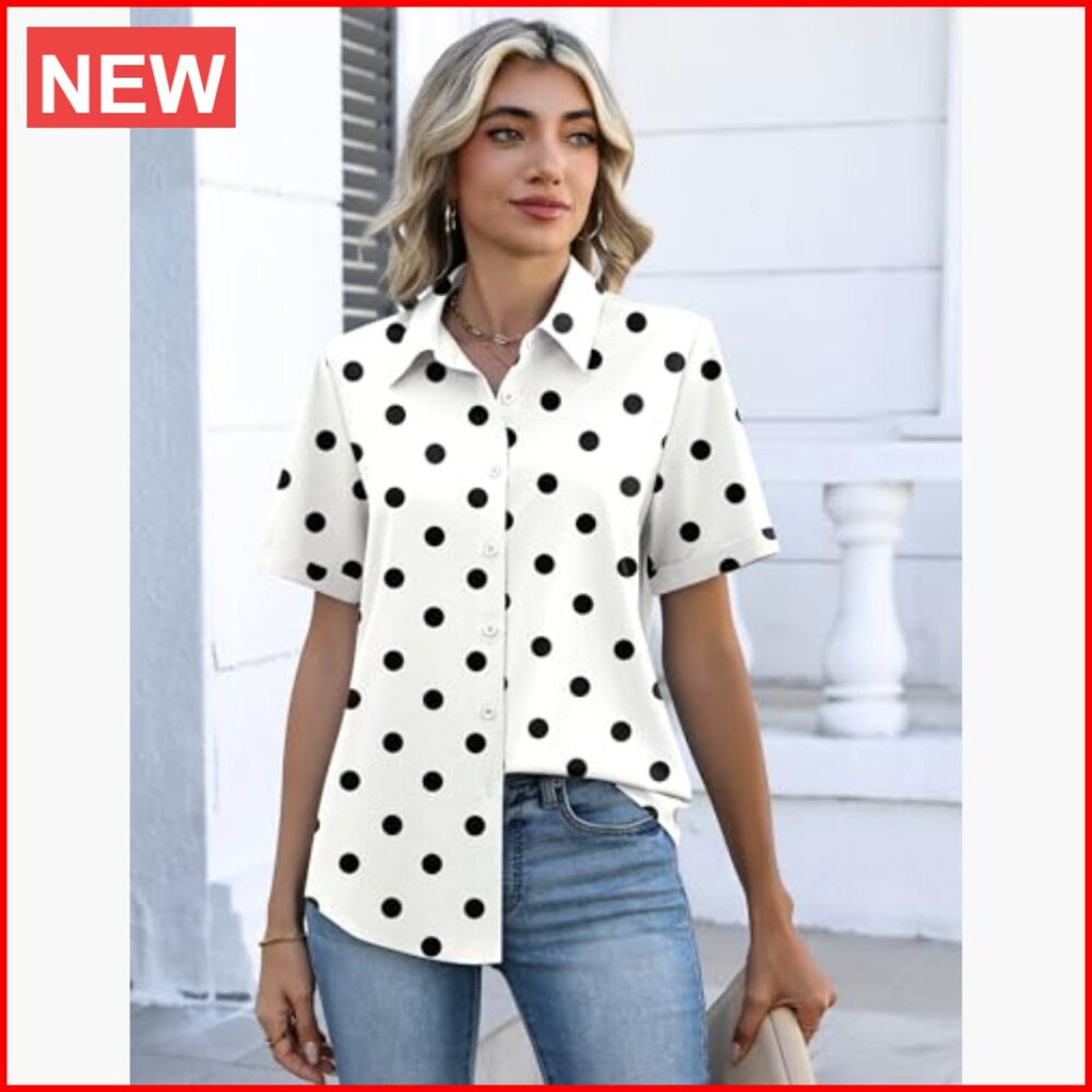 Polyester Blend Button Down Shirt V-Neck Short Sl… - image 4